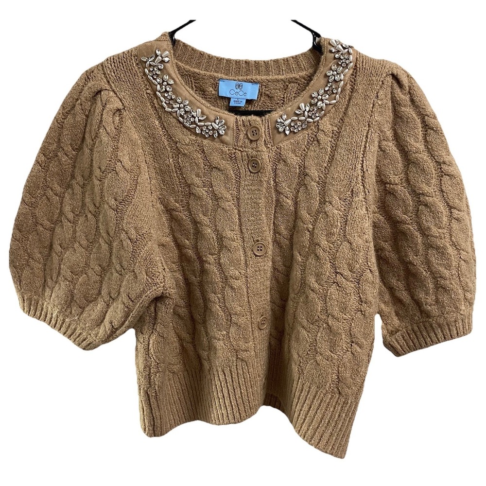Cece Womens Crop Caramel/Tan 3/4 Sleeve Dressy Cardigan Sweater Rhinestones Sz.L